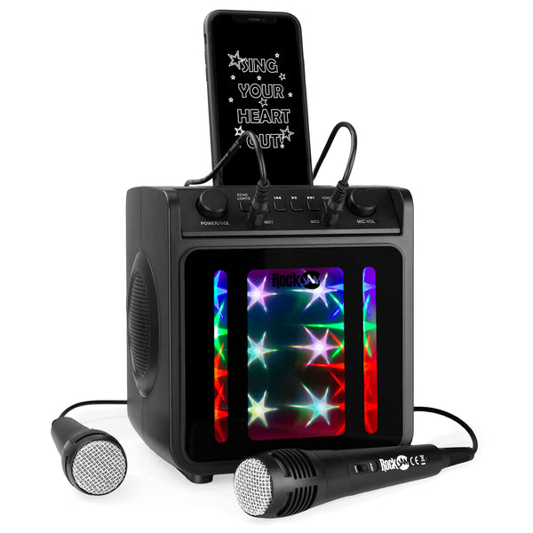 RockJam 10-Watt Rechargeable Bluetooth Karaoke Machine with Two Mics, Lightshow & Voice Effects