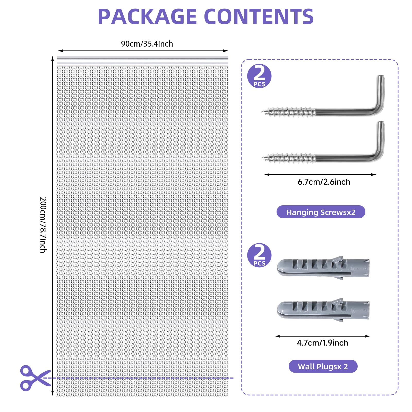 Gluwoer Aluminium Chain Curtain 90 x 200cm Metal Door Fly Screens Insect Control Curtain for Doorways (Silver)