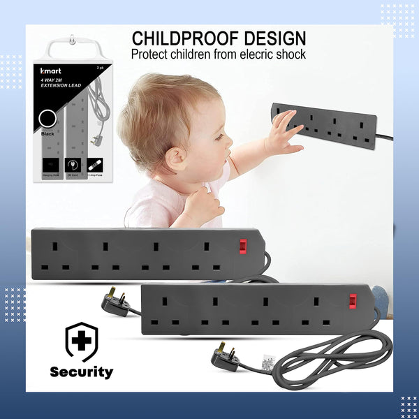 K-MART Heavy Duty Extension Lead UK Pin Plug and Cable, 4 Gang Way 2m Power Adapter, Multi Socket Mains Strip (White, 1 Pack)