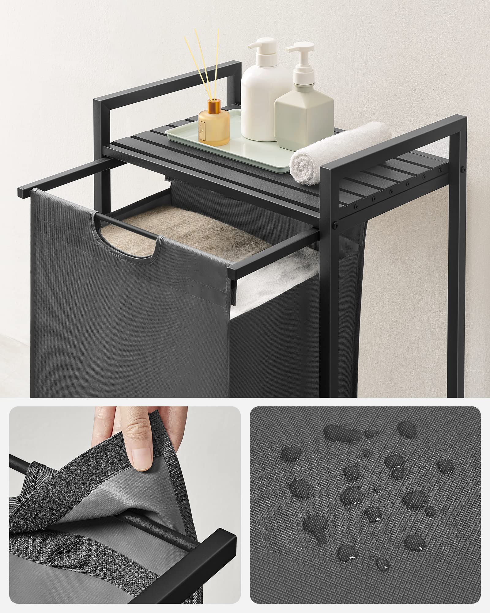 VASAGLE Laundry Basket, Laundry Hamper, Pull-Out and Removable Liner Bag, Shelf, Metal Frame, 65 L, 50 x 33 x 72 cm, Ink Black and Rustic Brown BLH101B01