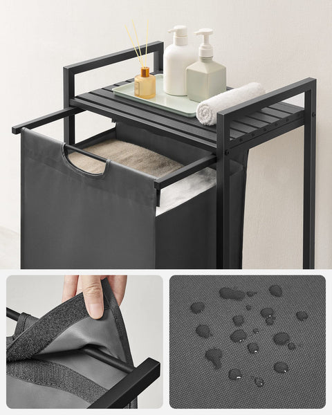 VASAGLE Laundry Basket, Laundry Hamper, Pull-Out and Removable Liner Bag, Shelf, Metal Frame, 65 L, 50 x 33 x 72 cm, Ink Black and Rustic Brown BLH101B01