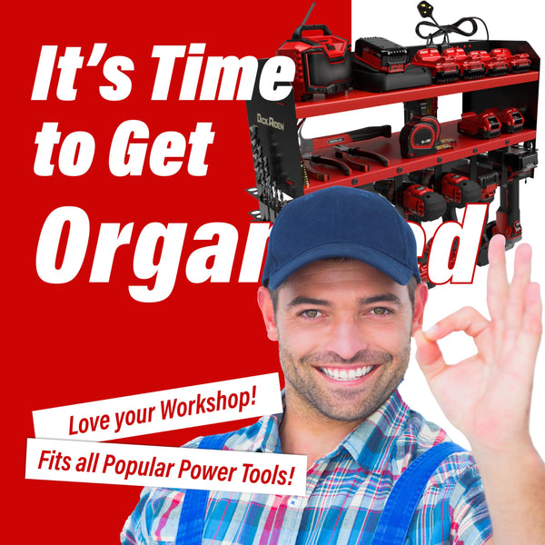 Toolganize Power Tool Organiser, Storage Rack with Power Strip Charging Station, Heavy-Duty for Workshop & Garage Tools - 4 Slot, Milwaukee Red.