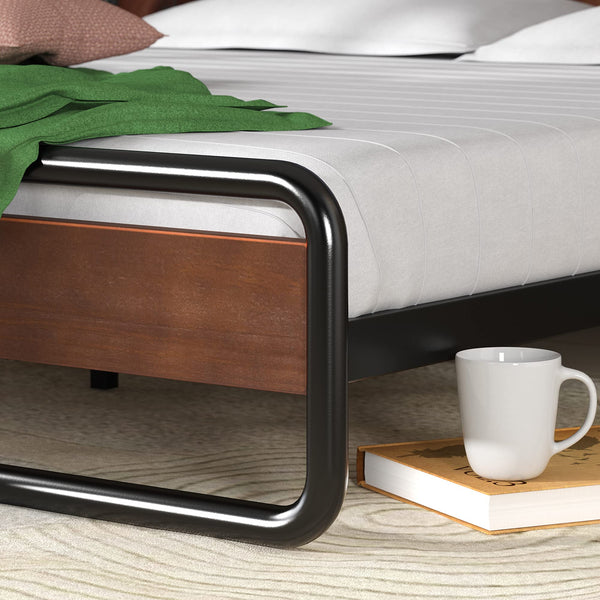 Zinus Therese Single Bed frame - Bed 90x190 cm - 20 cm Height - Metal and Wood Platform bed frame with wood slat support - Brown