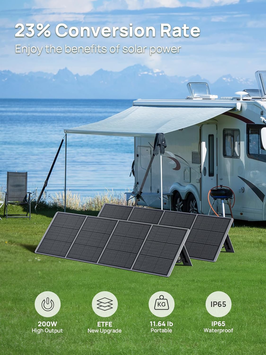 AFERIY Portable Solar Panel Kit 200W 22V, Foldable Monocrystalline Solar Panel ETFE with Free-Standing Supports, Junction Box, IP65 for Solar Generator Off-Grid Living
