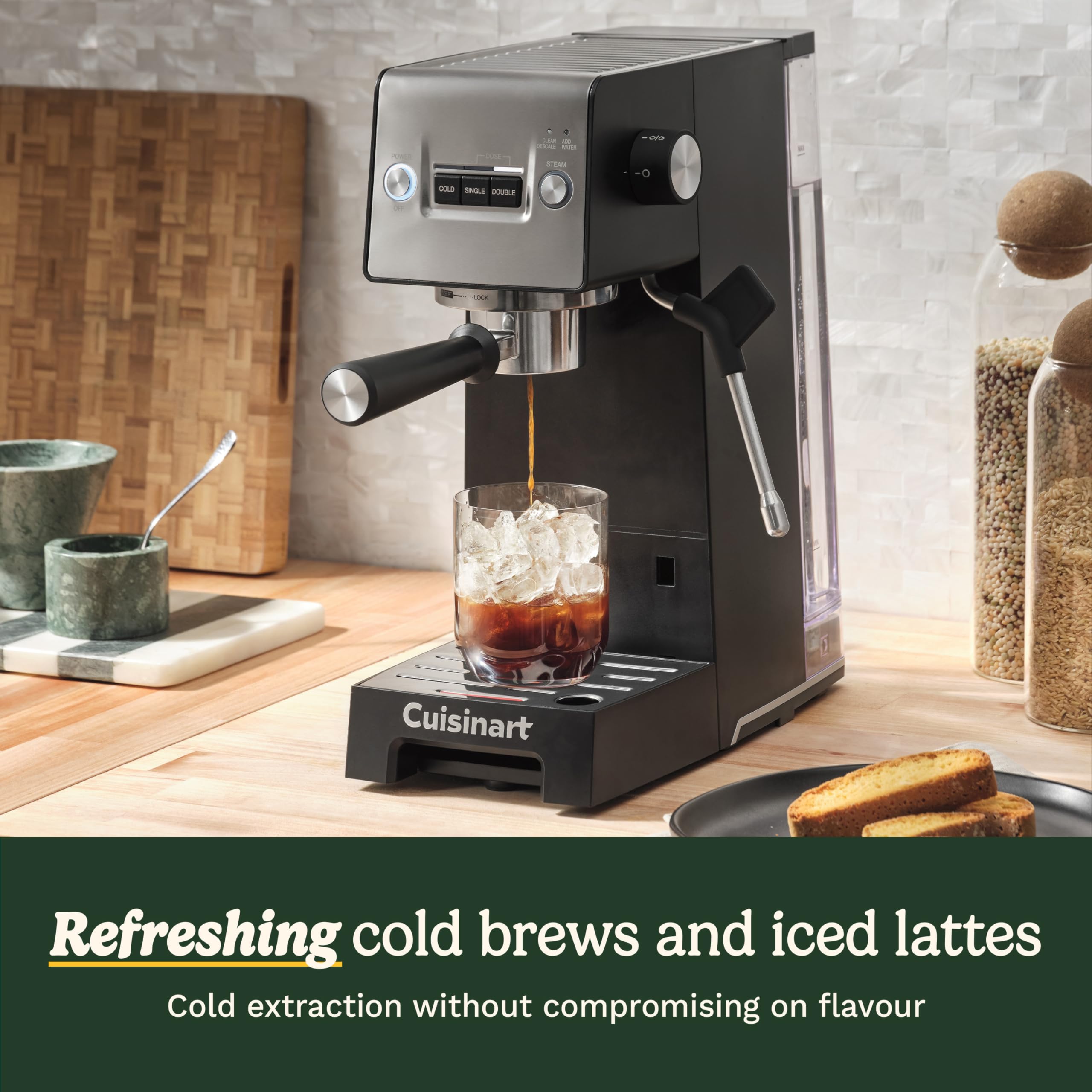 Cuisinart® Slim Espresso Machine | Espresso, Americano, Cold Brew | Integrated milk frother for Lattes and Cappuccino | 15-Bar Pressure, Bottomless Portafilter |Compact Design, Travel Mug Compatible