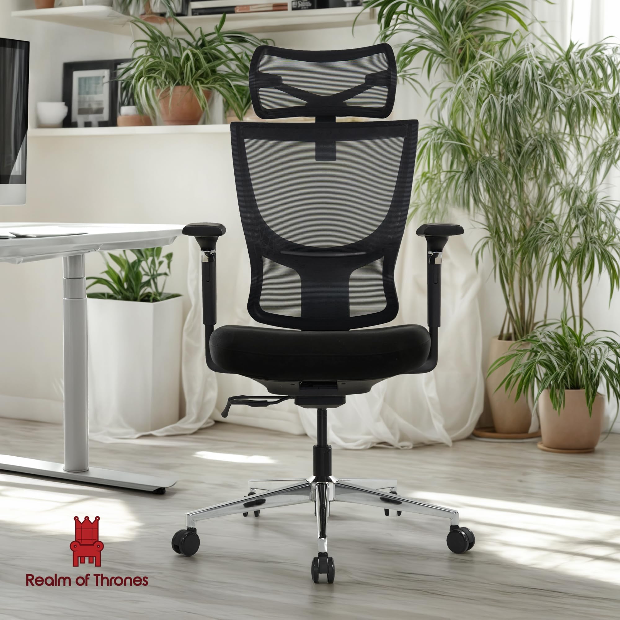 Realm of Thrones CAPTAIN Ergonomic Office Chair for Home, Heavy Duty Steel Base, Versatile Flip-up Armrests, Adjustable Lumbar Support, Mesh Back Comfort Cushion Seat for Computer Desk/Gaming (Black)