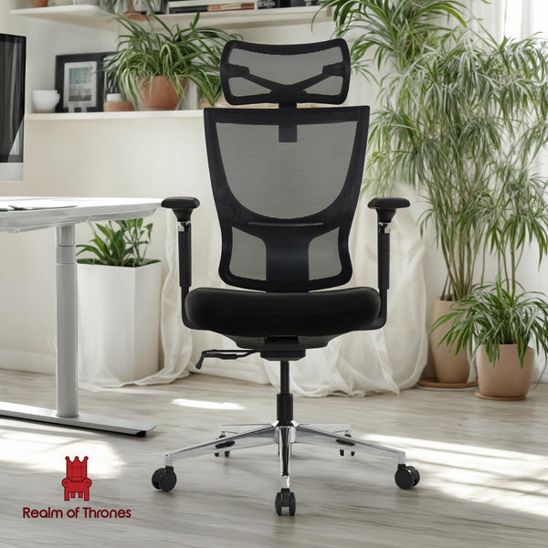 Realm of Thrones CAPTAIN Ergonomic Office Chair for Home, Heavy Duty Steel Base, Versatile Flip-up Armrests, Adjustable Lumbar Support, Mesh Back Comfort Cushion Seat for Computer Desk/Gaming (Black)