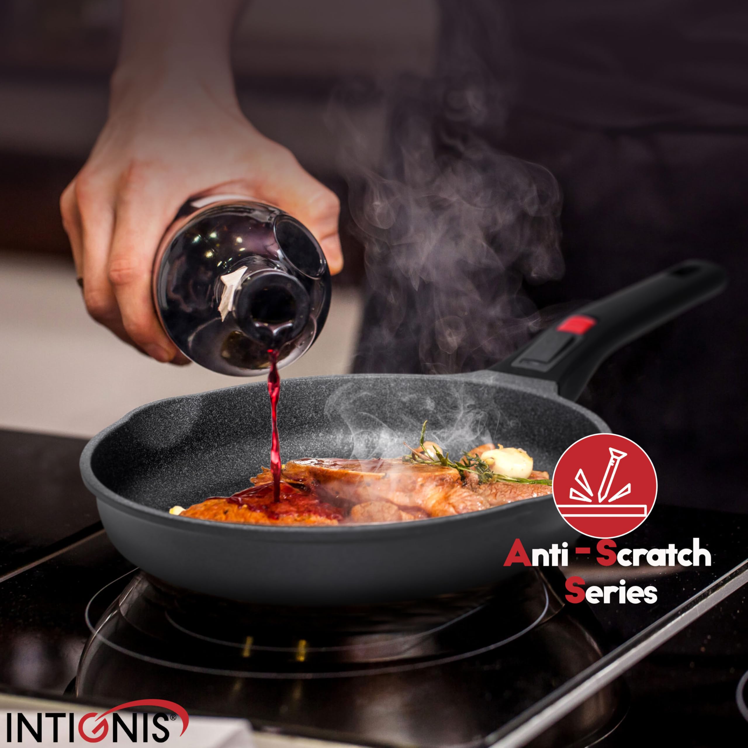 INTIGNIS Frying Pans 30 cm | Heavy Duty | Scratch Resistant | Detachable Handles | Induction, Gas, Electric Hobs Safe | Chemical Free Super Non-Stick