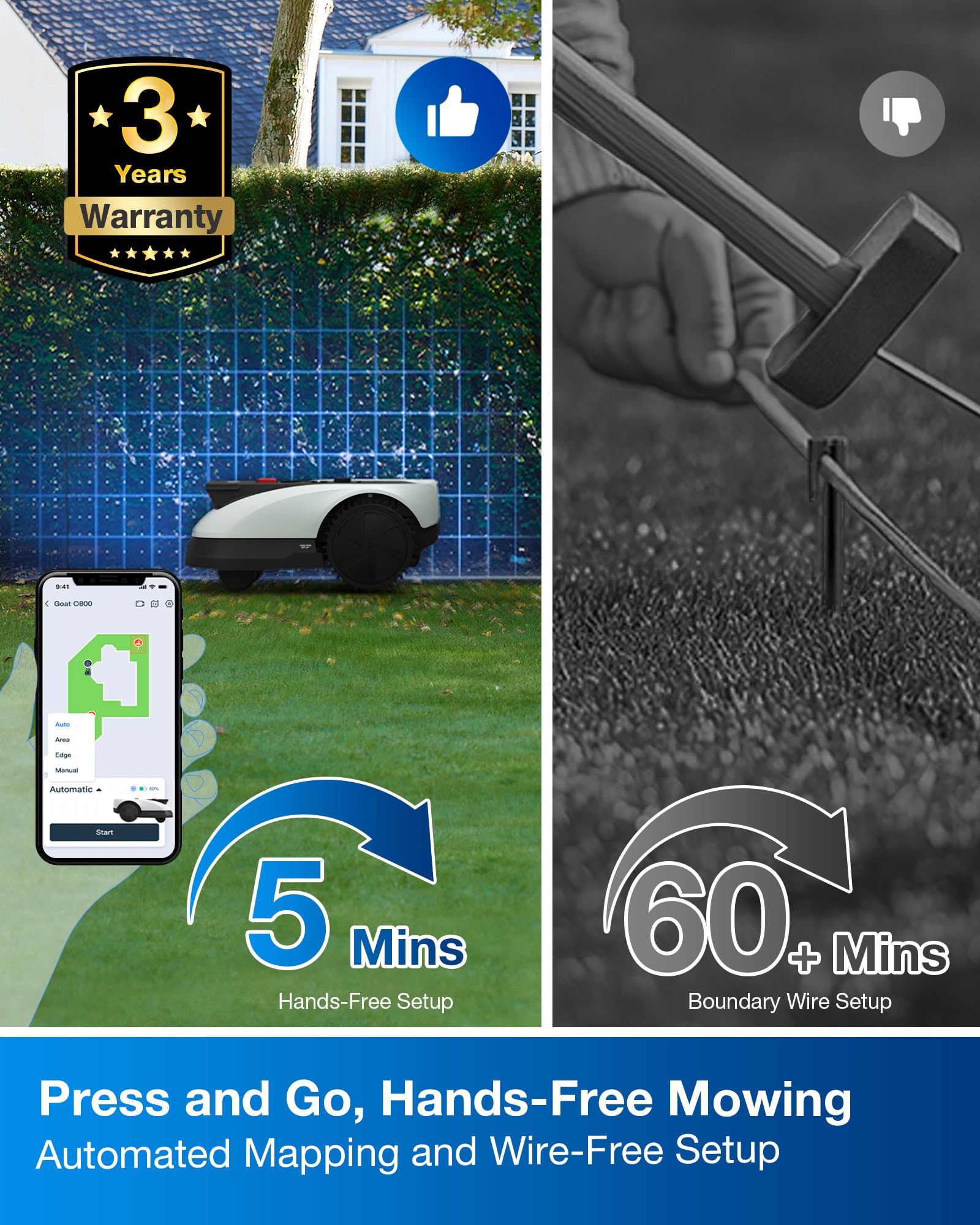 ECOVACS GOAT O800 RTK Robot Lawnmower 800㎡, Wire free, Lidar-Enhanced RTK+Vision Navigation, Pass 0.7m path, Auto Mapping, Customizable Mowing, Edge Presicion Mowing, 45% Slope Climbing