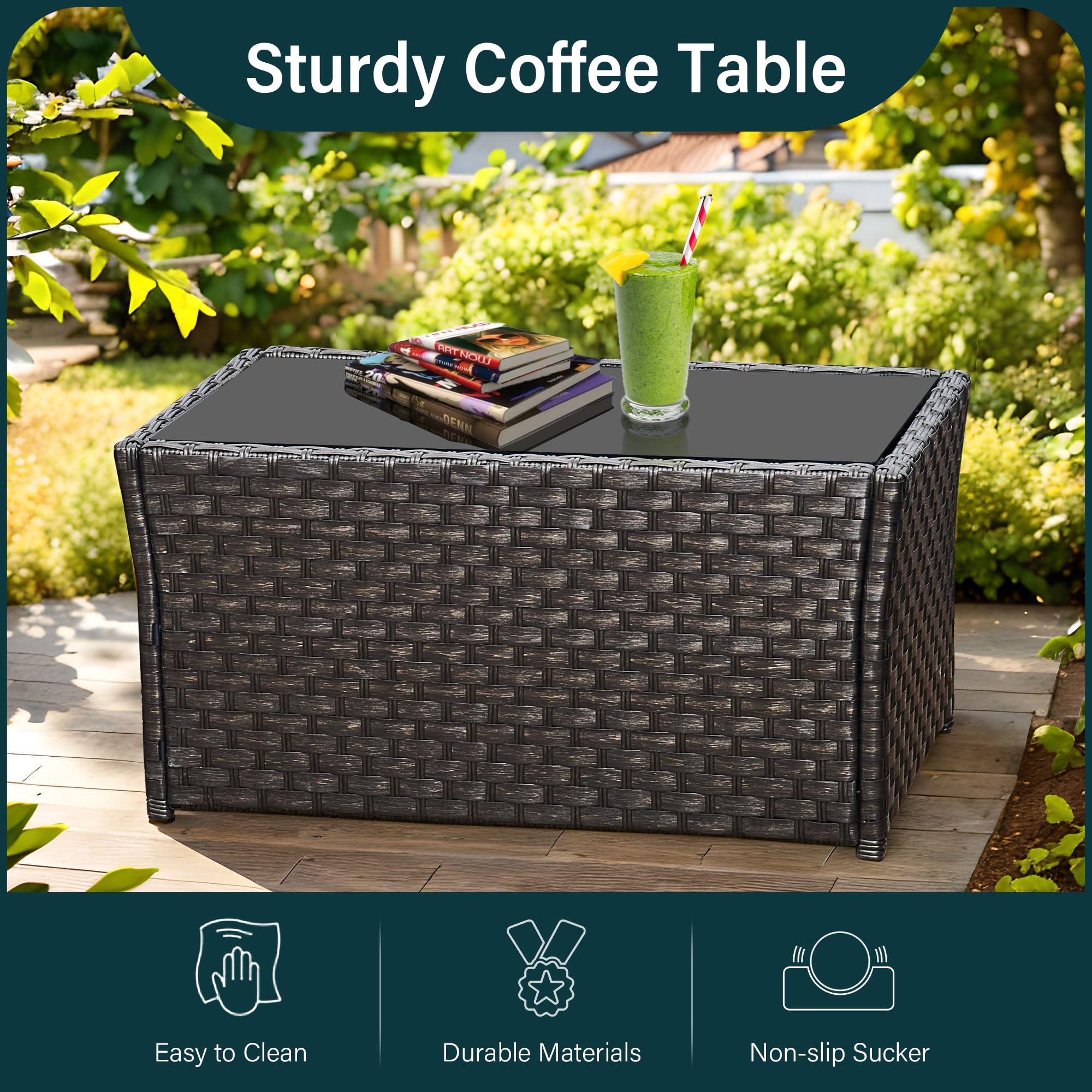 4 Piece Rattan Garden Furniture Sets, Patio Conservatory Set, Include Rattan loveset Sofa, Chair, Glass Coffee Table