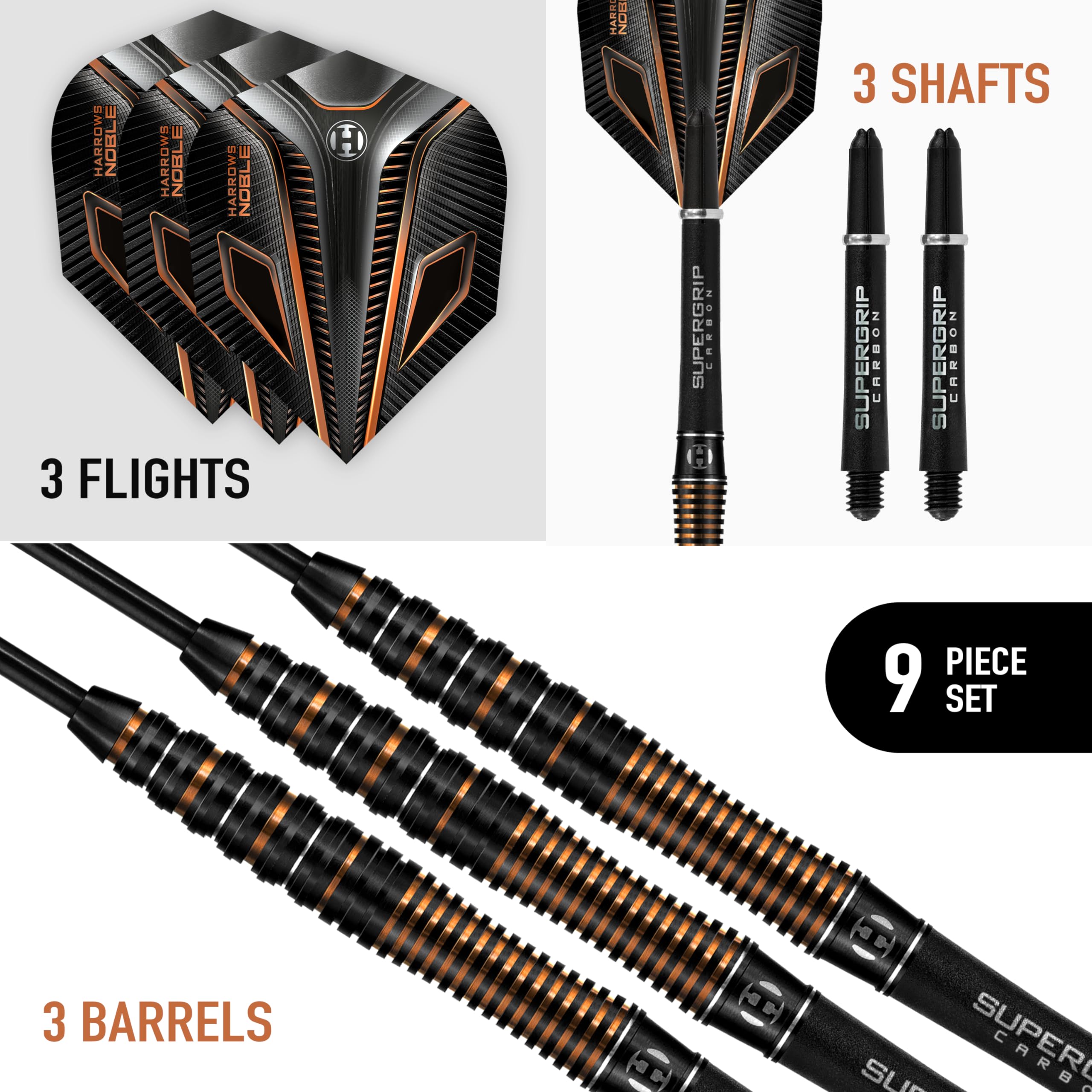 Harrows Noble 90% Tungsten Steel Tip Darts Set 22g, 23g, 24g & 25g - Includes Silver Supergrip Carbon Shafts & Micron Noble Flights (25g)