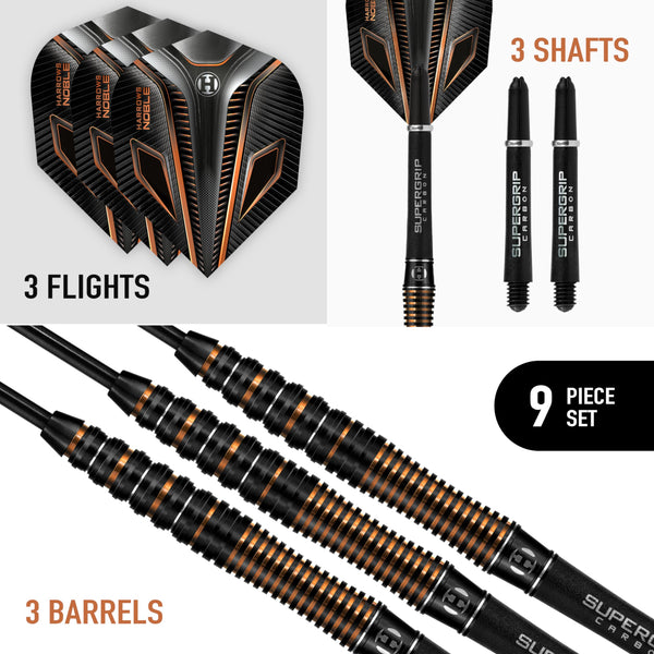 Harrows Noble 90% Tungsten Steel Tip Darts Set 22g, 23g, 24g & 25g - Includes Silver Supergrip Carbon Shafts & Micron Noble Flights (23g)