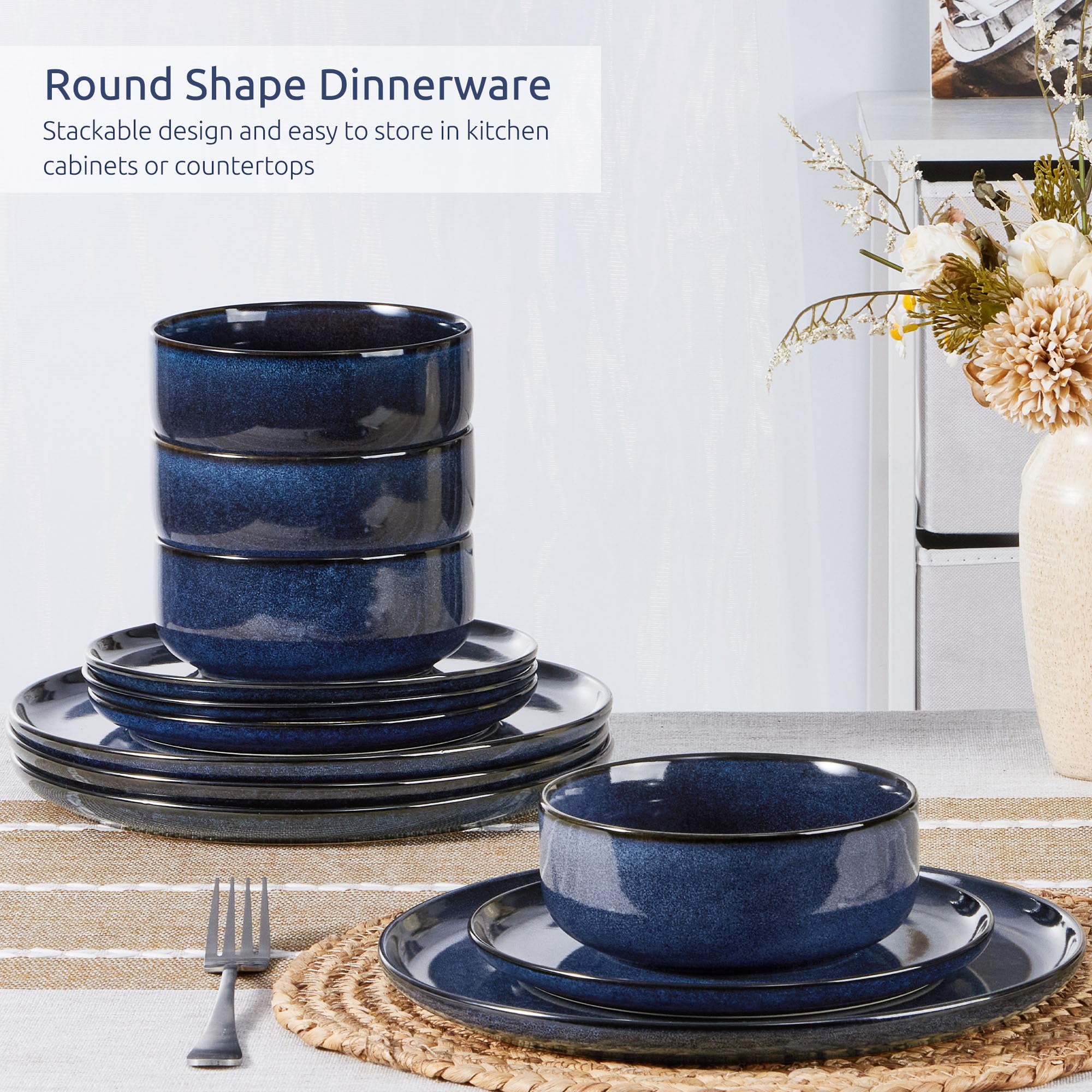 Homikit 12 Piece Dinner Set, Reactive Glaze Kitchen Dinnerware Sets for 4, Elegant Stoneware Included Plates and Bowls, Non-Scratch & Sturdy,