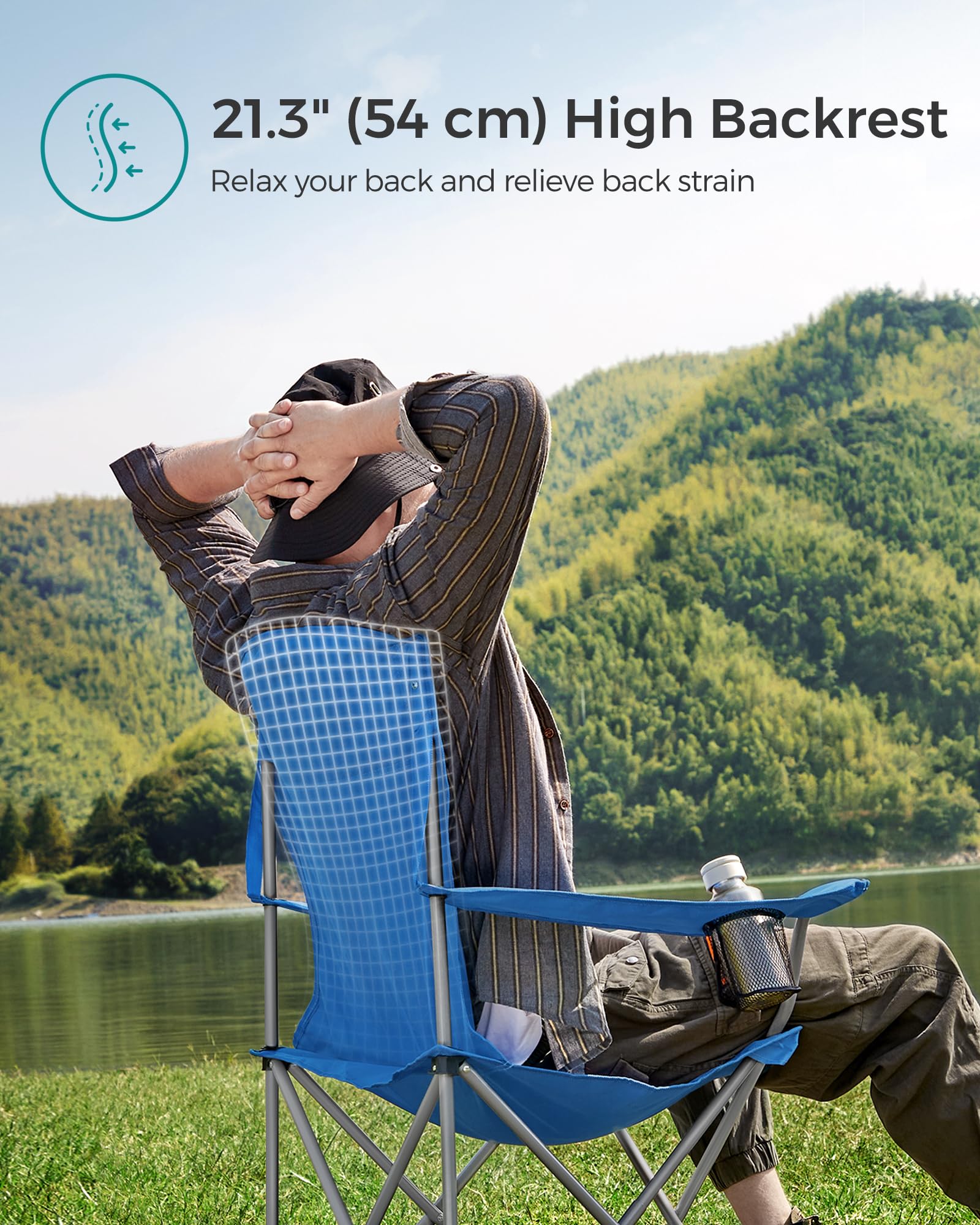 SONGMICS Set of 2 Folding Chairs, Camping Chairs, Comfortable Heavy Duty Structure, Max. Load 150 kg, with Drink Holder, Outdoor Chair