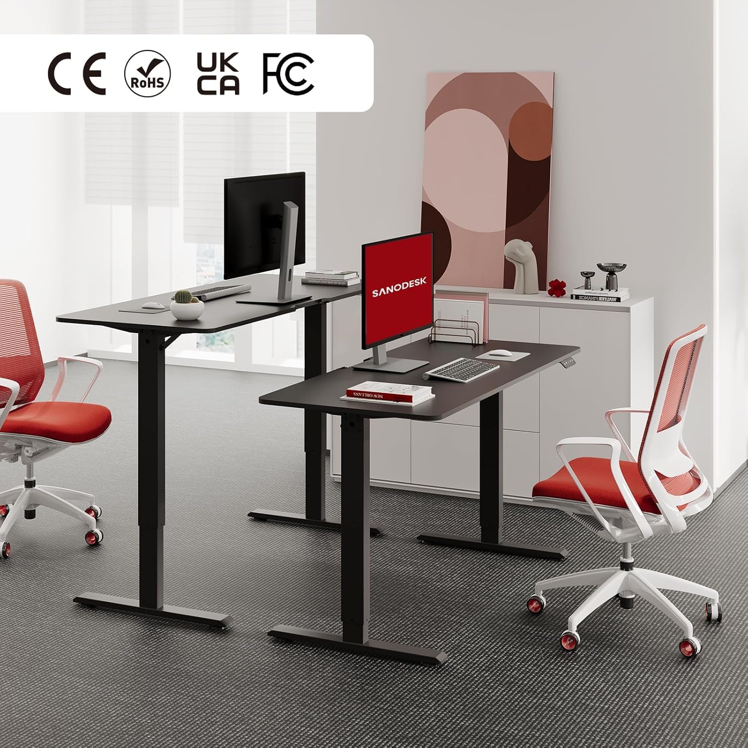 SANODESK QS1+140 * 60 Electric Standing Desk Height Adjustable Standing Desk With Memory Smart Panel Sit Stand Table With Hooks and Cupholder for Home Office （Black Frame+ Black Desktop）