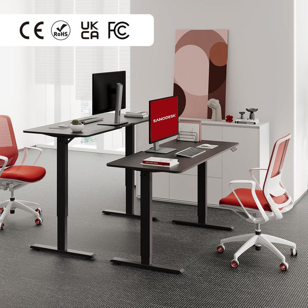 SANODESK QS1+140 * 60 Electric Standing Desk Height Adjustable Standing Desk With Memory Smart Panel Sit Stand Table With Hooks and Cupholder for Home Office （Black Frame+ Black Desktop）