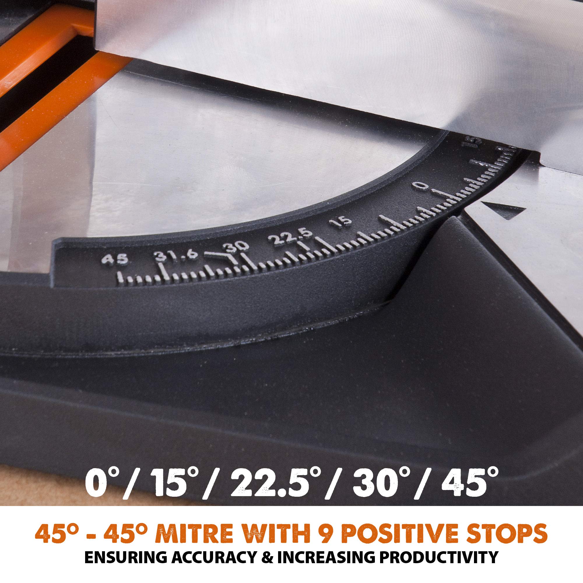 Evolution Power Tools R210CMS Compound Miter Saw Multi-Material Cutting TCT Blade Included Cuts Wood Metal Plastic & More, 45° - 45° Degree Miter & 45˚ Degree Bevel Angles, 1200W, 210mm