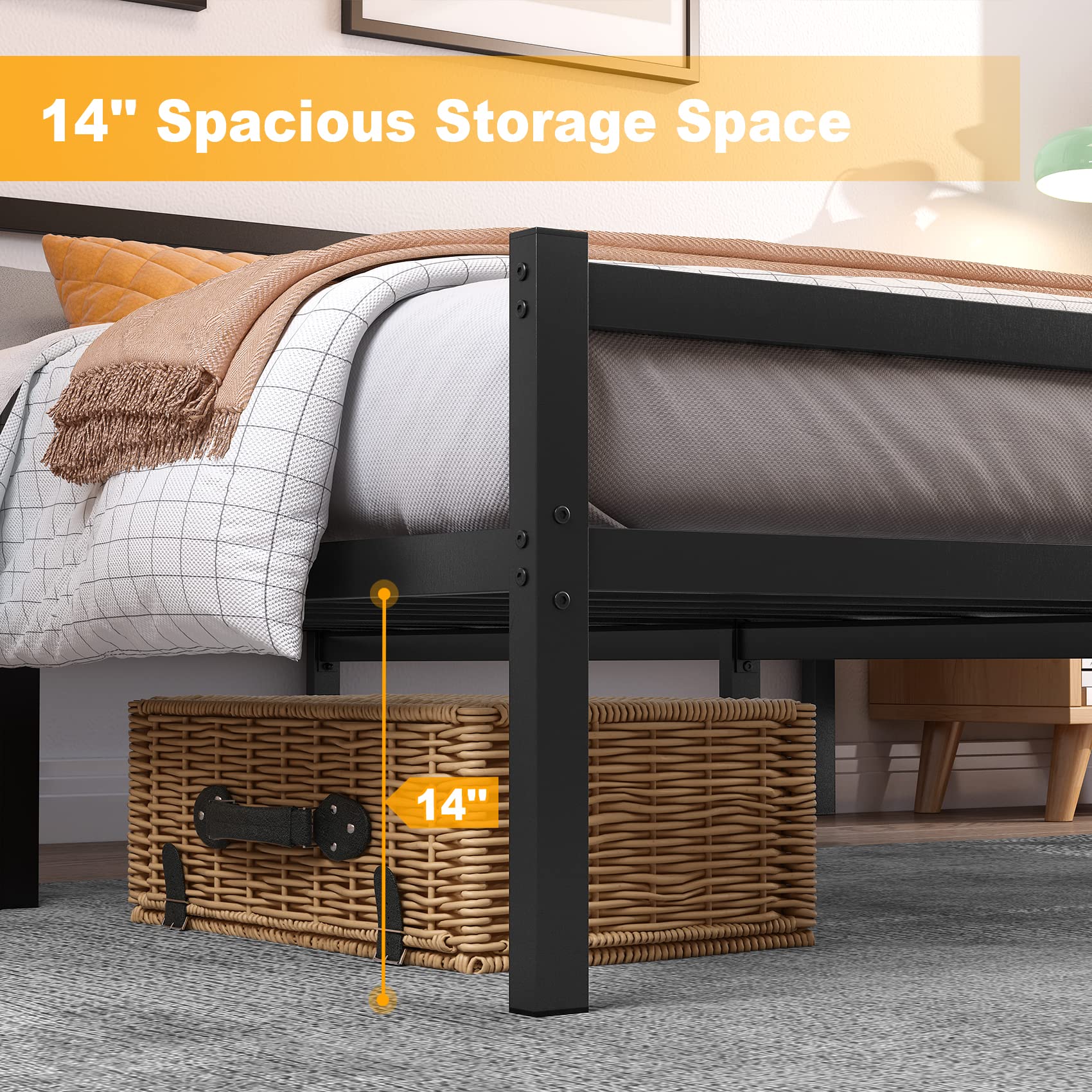 Yornoli Double Bed Frames with Headboard 4ft6 Black Metal Double Bed Frame with Storage Heavy Duty Non-Slip with Steel Slats No Box Spring Needed