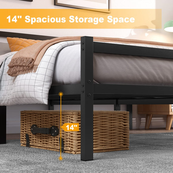 Yornoli Double Bed Frames with Headboard 4ft6 Black Metal Double Bed Frame with Storage Heavy Duty Non-Slip with Steel Slats No Box Spring Needed
