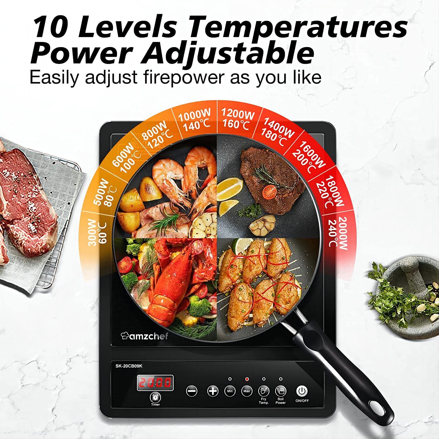 AMZCHEF Single Induction Hob, Portable Induction Hob, 10 Temperature Settings and Power levels from 300W to 2000W, Black Frosted Glass Panel,Sensitive