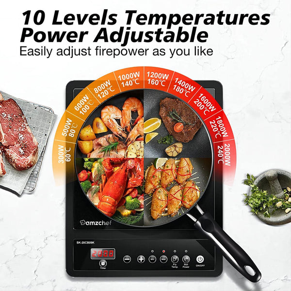 AMZCHEF Single Induction Hob, Portable Induction Hob, 10 Temperature Settings and Power levels from 300W to 2000W, Black Frosted Glass Panel,Sensitive