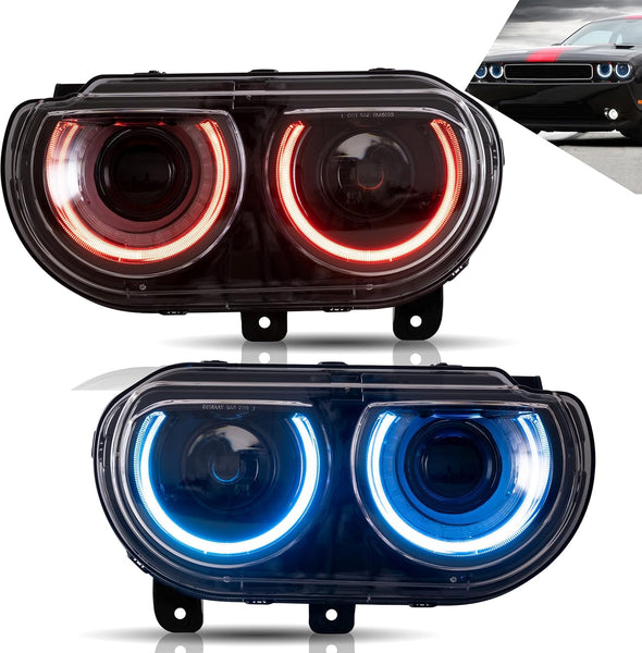 VLAND RGB Headlights Fit for 2008-2014 Dodge Challenger 3rd Gen Coupe, LED Front Lights with Colorful Halo DRL and Sequential Turn Signal