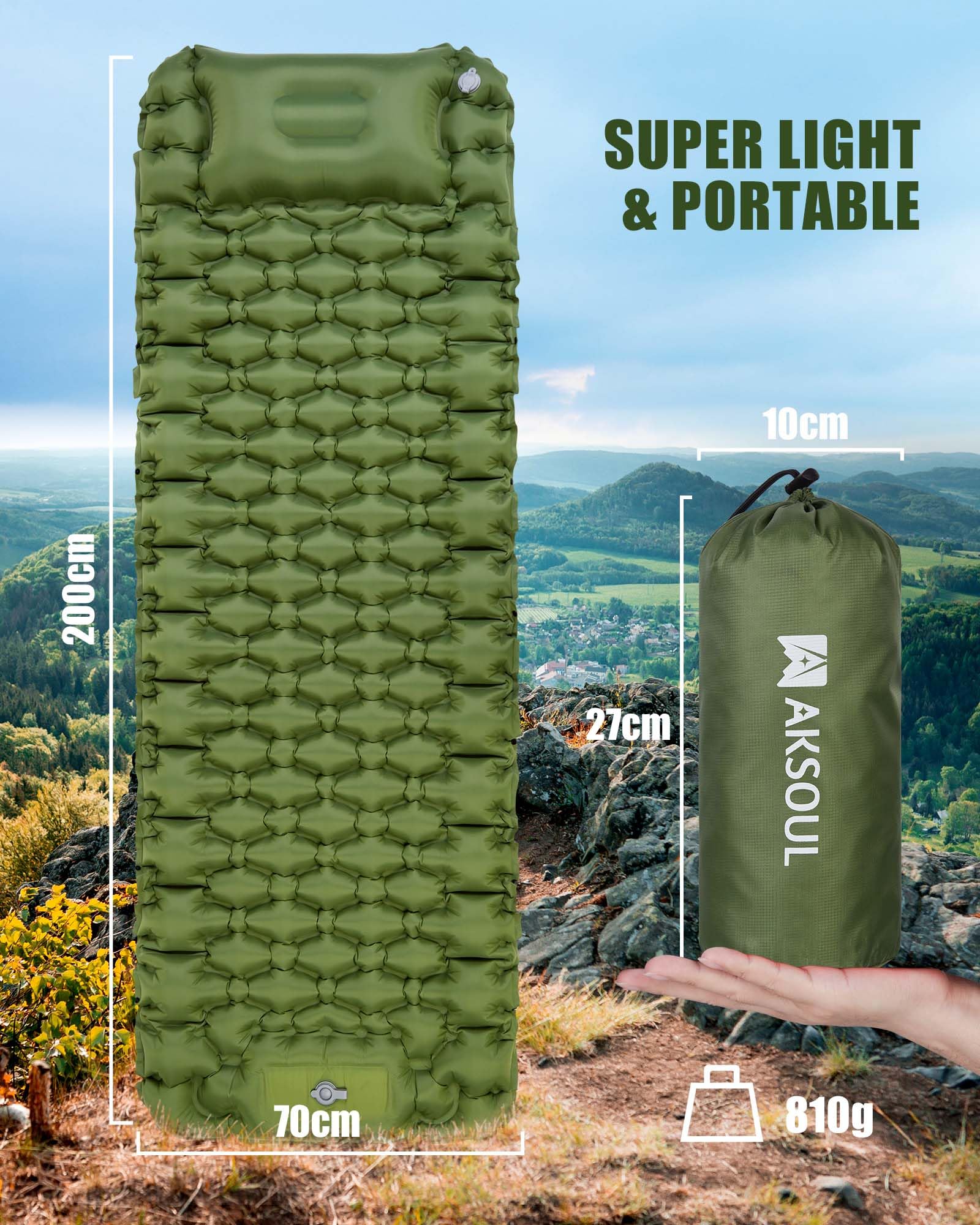 AKSOUL Self Inflating Sleeping Mat for Camping: 8-12CM Thickness Single Camp Mattress, Double Joinable Camping Inflatable Mat