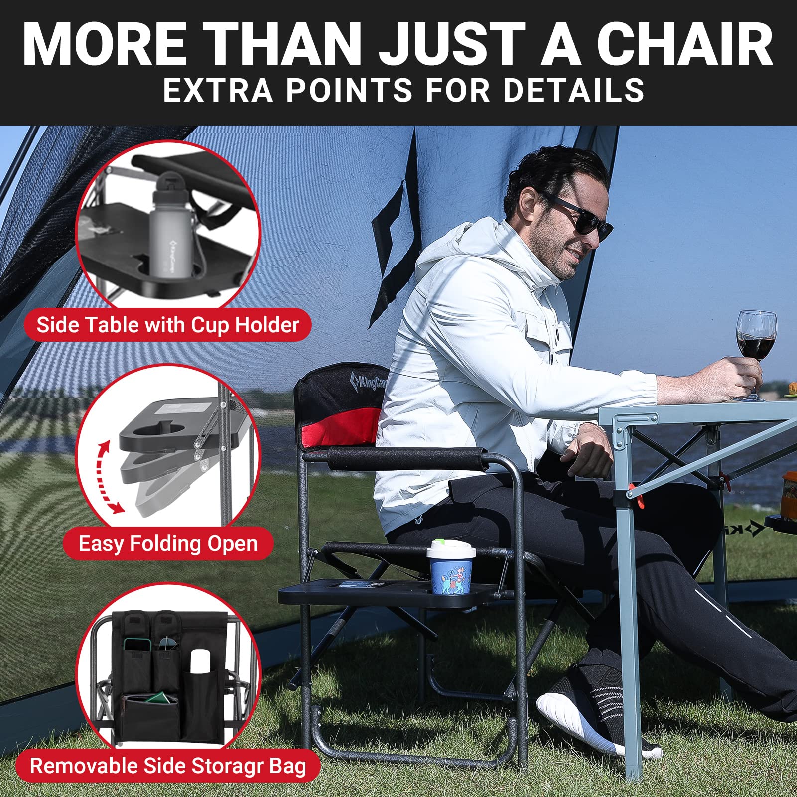 KingCamp Folding Camping Chairs for Adluts Heavy Duty Directors Chair with Cooler Bag and Side Table Support up to 150KG