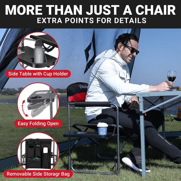 KingCamp Folding Camping Chairs for Adluts Heavy Duty Directors Chair with Cooler Bag and Side Table Support up to 150KG