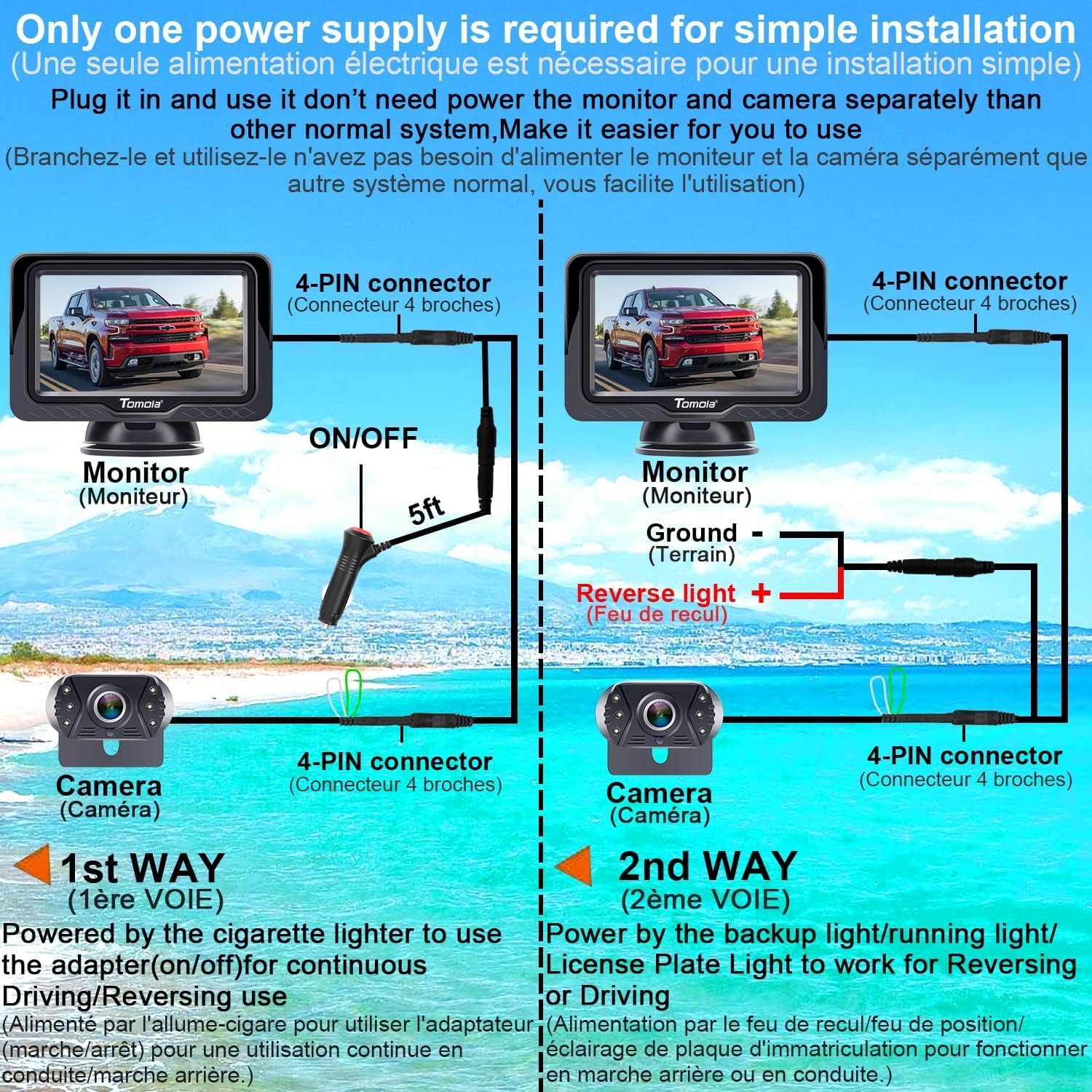 Reversing Camera Ease Setup Plug-Play - Color Clear Image Night Vision DIY Guide Lines HD 1080P No-Delay Rear View Camera with Monitor Waterproof LED with On/Off Switch for Car/SUV/Truck Tomoia T1