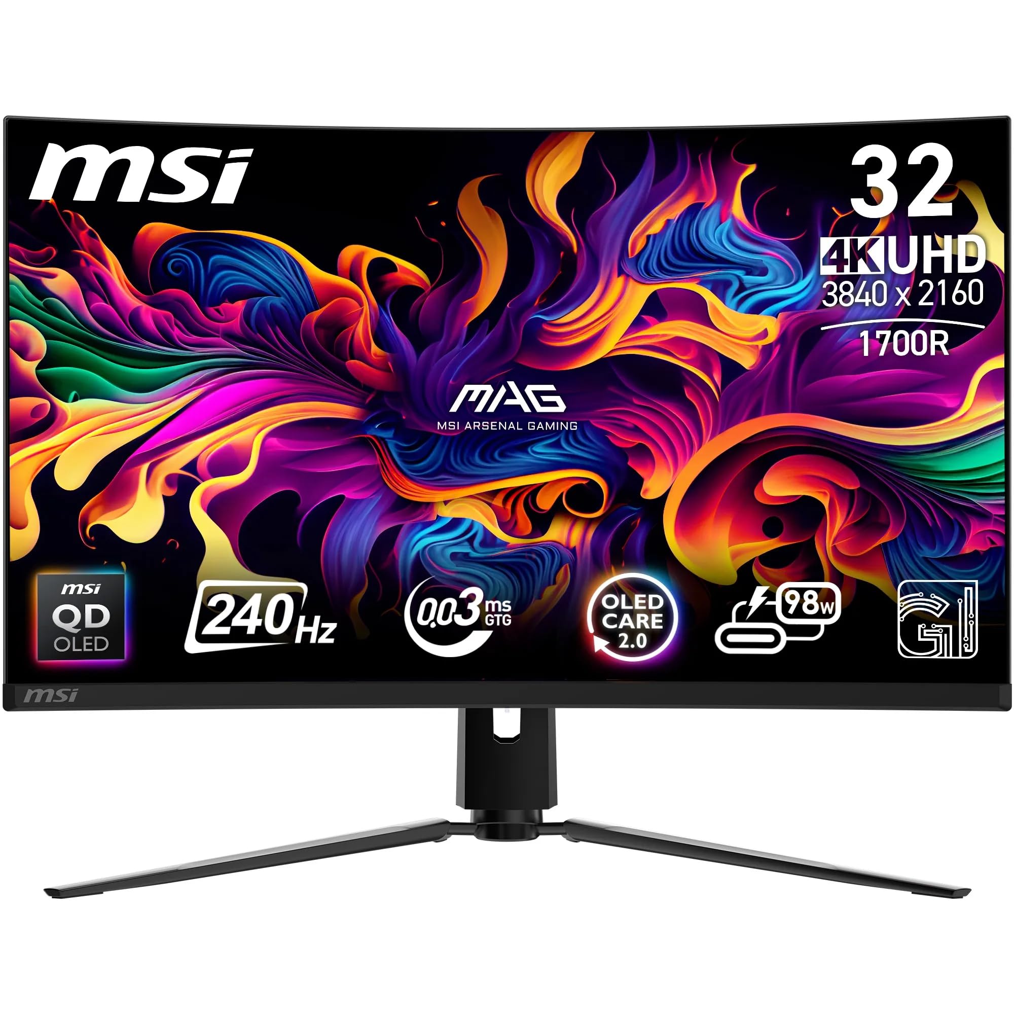 MSI MPG 321URXW QD-OLED 31.5 Inch 4K UHD Gaming Monitor - 3840 x 2160 Quantum Dot OLED Panel, 240Hz / 0.03ms, 99% DCI-P3, ΔE≤2, DisplayHDR True Black 400, KVM, RGB - DP 1.4a, HDMI 2.1, USB Type-C