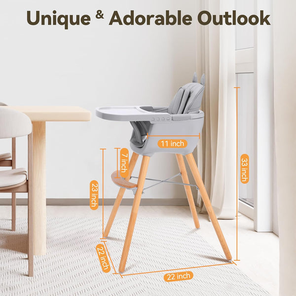 CoziBB 4 in 1 Highchair with Cat Ear, Removable 3-Position Tray, 5-Point Safety Belt Convertible Multifunctional High Chair with Removable Legs, Wooden Feeding Chair for Baby Infant Toddler (6 M-2 Y)