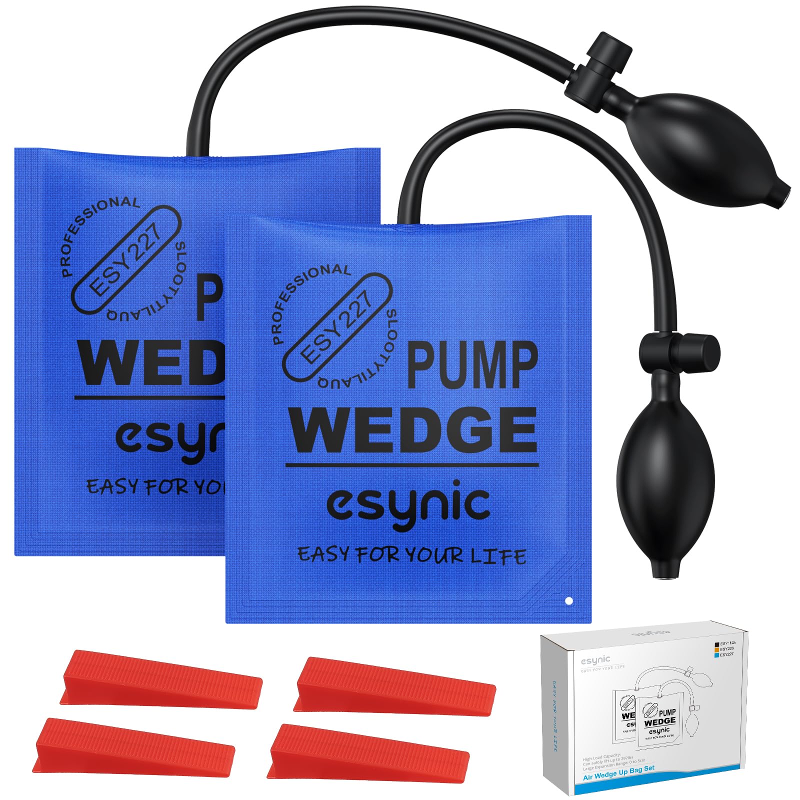 eSynic 3Pack Air Wedge Pump up Bag Inflatable Wedge Winbags Smooth TPU Air Bags for Lifting Door Air Wedge Door Lifter Pump Load-Bearing 297 Pounds/134KG with 4 Plastic Wedges-Blue