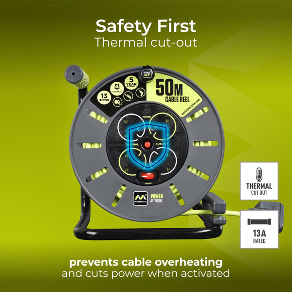 Masterplug Pro-XT Four Socket Open Cable Reel Extension Lead with Winding Handle, Thermal Cut Out and Power Switch, 25 Metres High Visibility Cable , Green