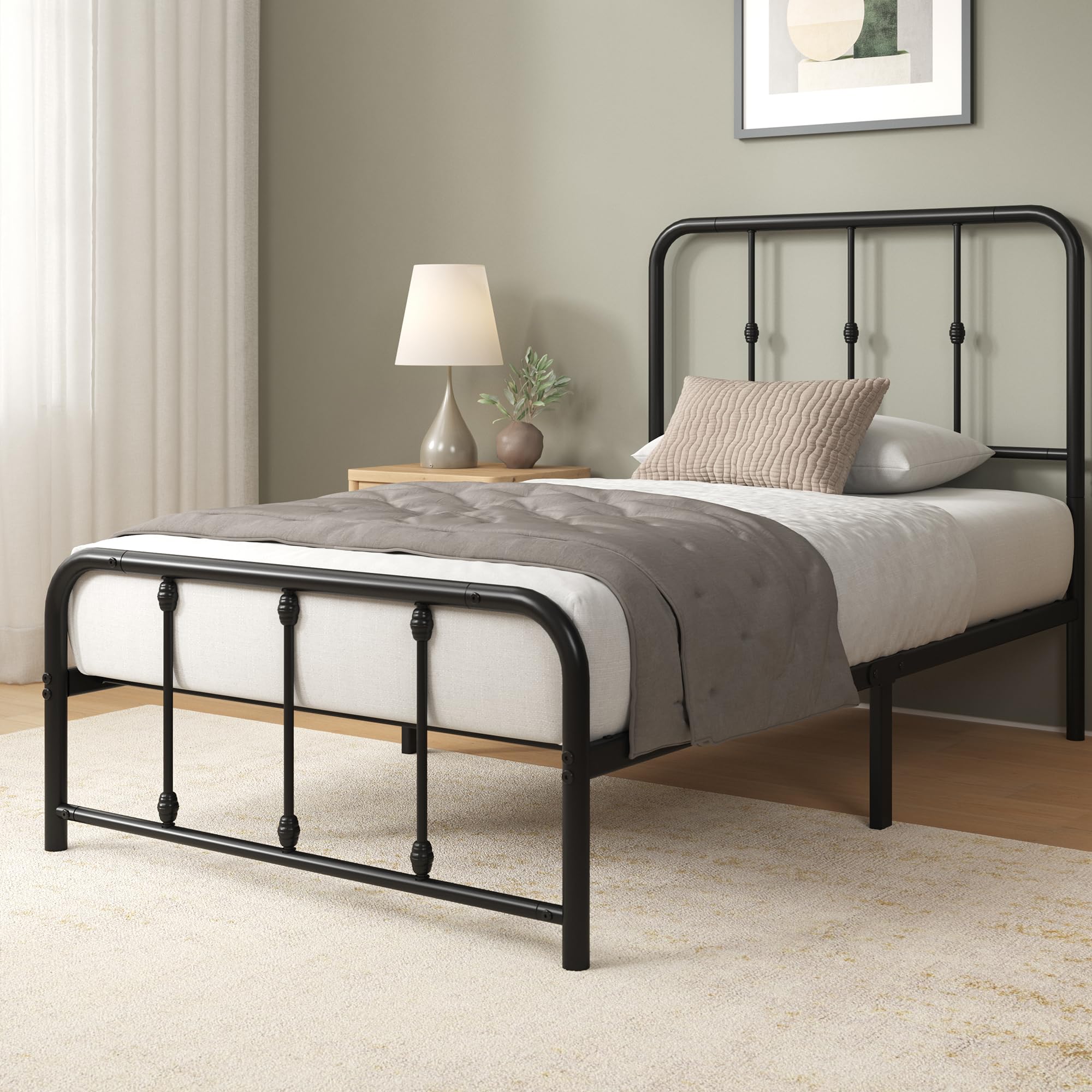 ZINUS Florence 3ft Single Bed Frame 90x190cm, Metal Platform Bed with Headboard and Footboard, Strong Steel Slat Support, Large Storage Space, Easy Assembly, Black