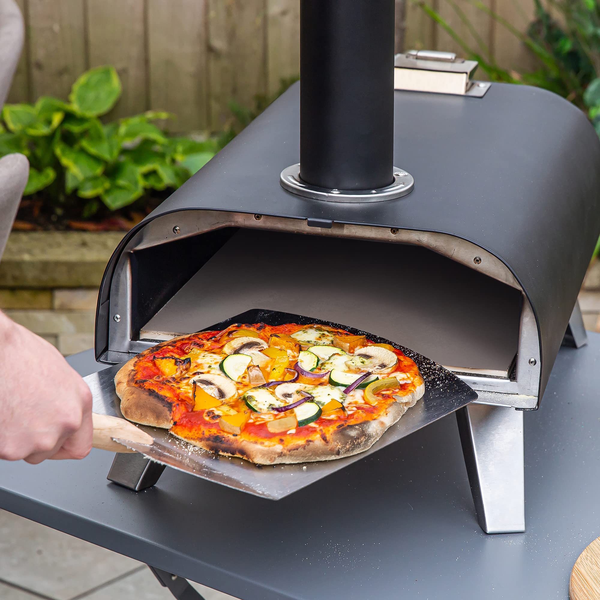 Zanussi ZPO1BPC Outdoor 12 Inch Wood Pellet Portable Wood Fired Pizza Oven with Paddle and Cover in Black, BBQ Oven & Smoker, Stainless Steel Foldable Legs