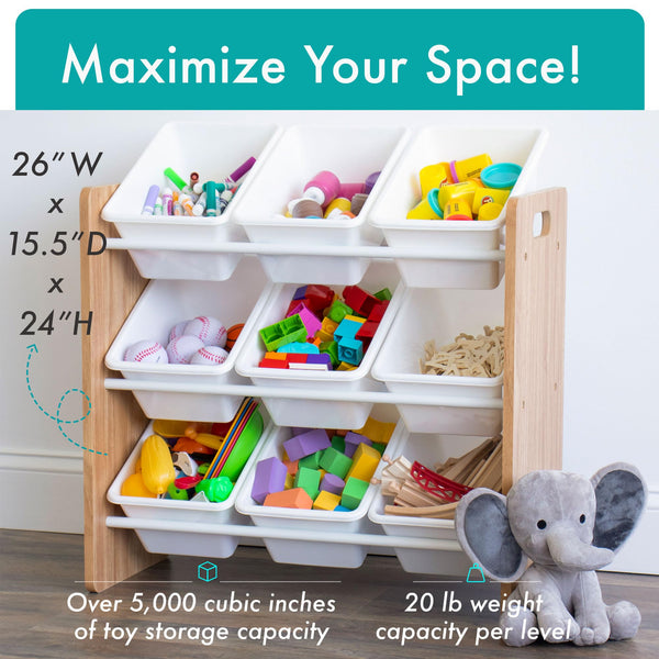 Humble Crew Journey Wooden Toy Storage Organiser for Children, with 9 BPA Free Plastic Removeable Storage Bins, Ideal for Storing Toys, Games, Books