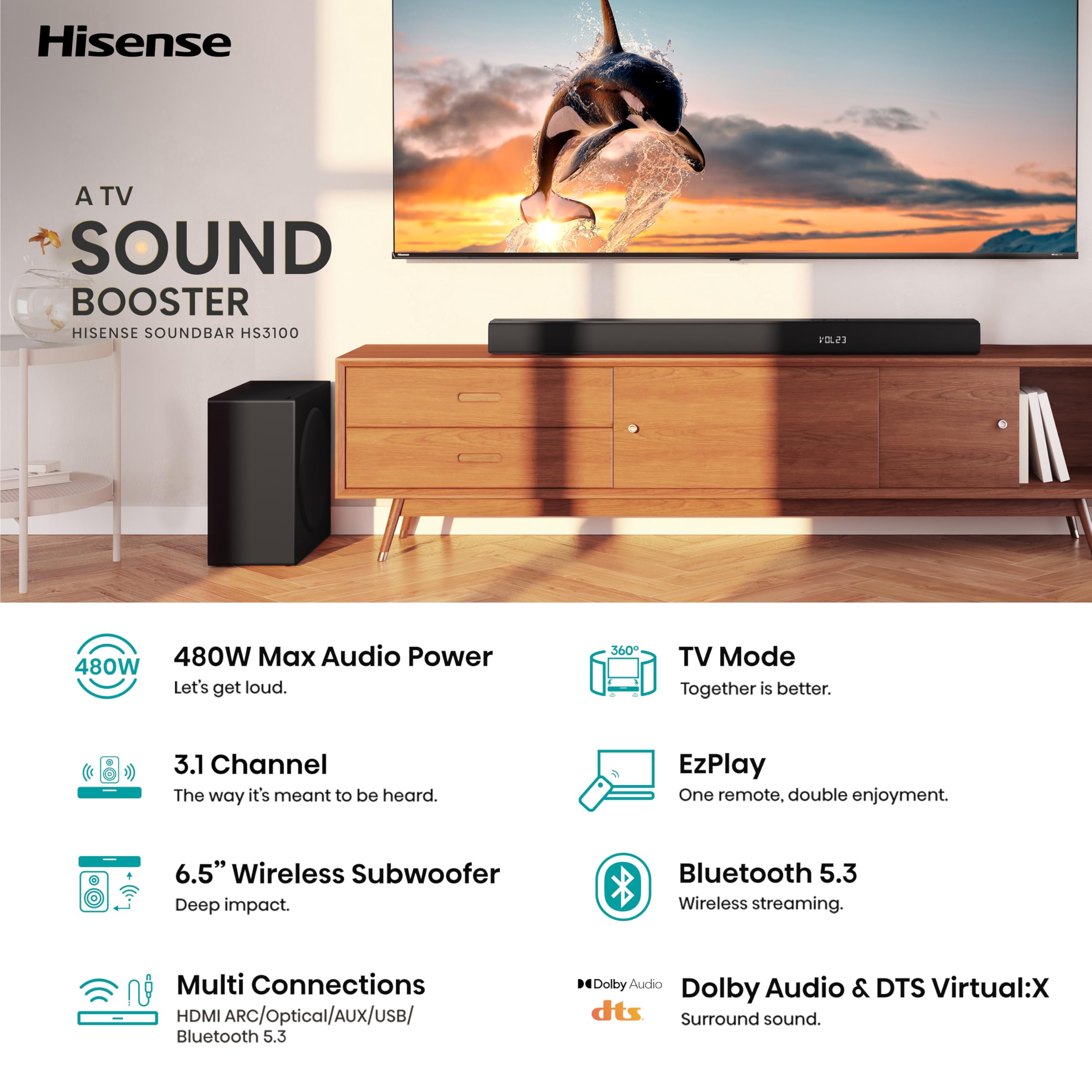 Hisense AX5125H 5.1.2 Channel 500W Dolby Atmos Soundbar with Wireless Subwoofer& Up Firing Speakers& Turly Wireless Rear Speakers