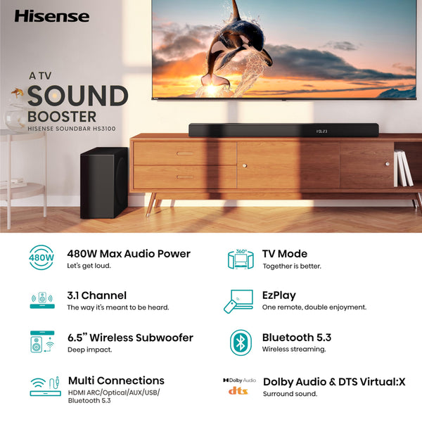 Hisense AX5125H 5.1.2 Channel 500W Dolby Atmos Soundbar with Wireless Subwoofer& Up Firing Speakers& Turly Wireless Rear Speakers
