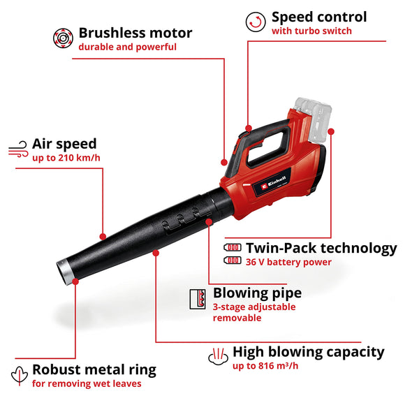 Einhell Power X-Change 36V Cordless Leaf Blower - Powerful (816 m?/h Blow Rate) Garden Blower With Brushless Motor And Turbo Switch - GP-LB 36/210 Li