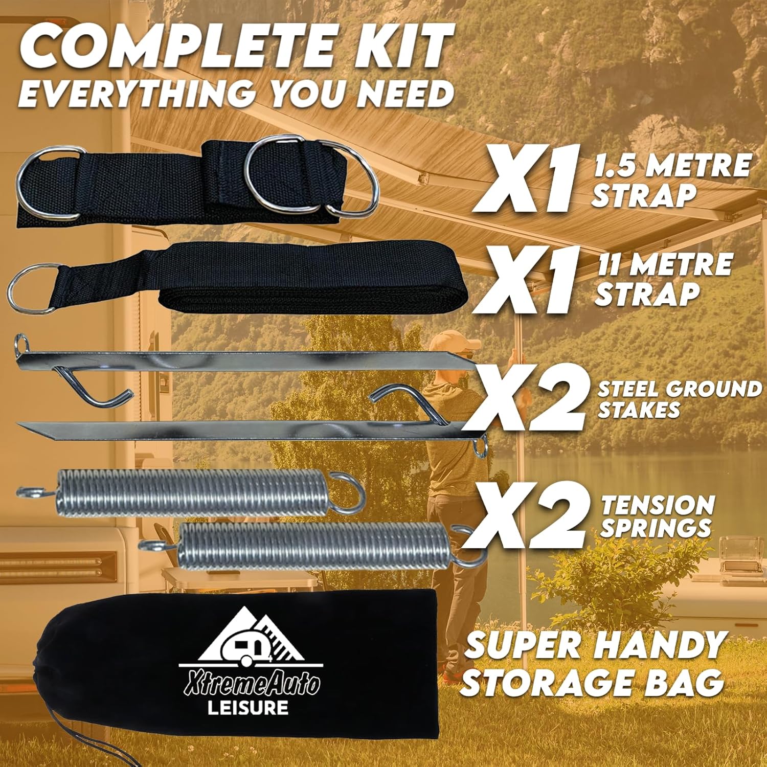 Xtremeauto Awning Tie Down Kit Storm Straps - Storm Straps For Caravan Awnings Motorhome Awning Straps For Awnings Up To 7.5M, Universal Caravan Awning Storm Straps Kit With Springs & Anchors
