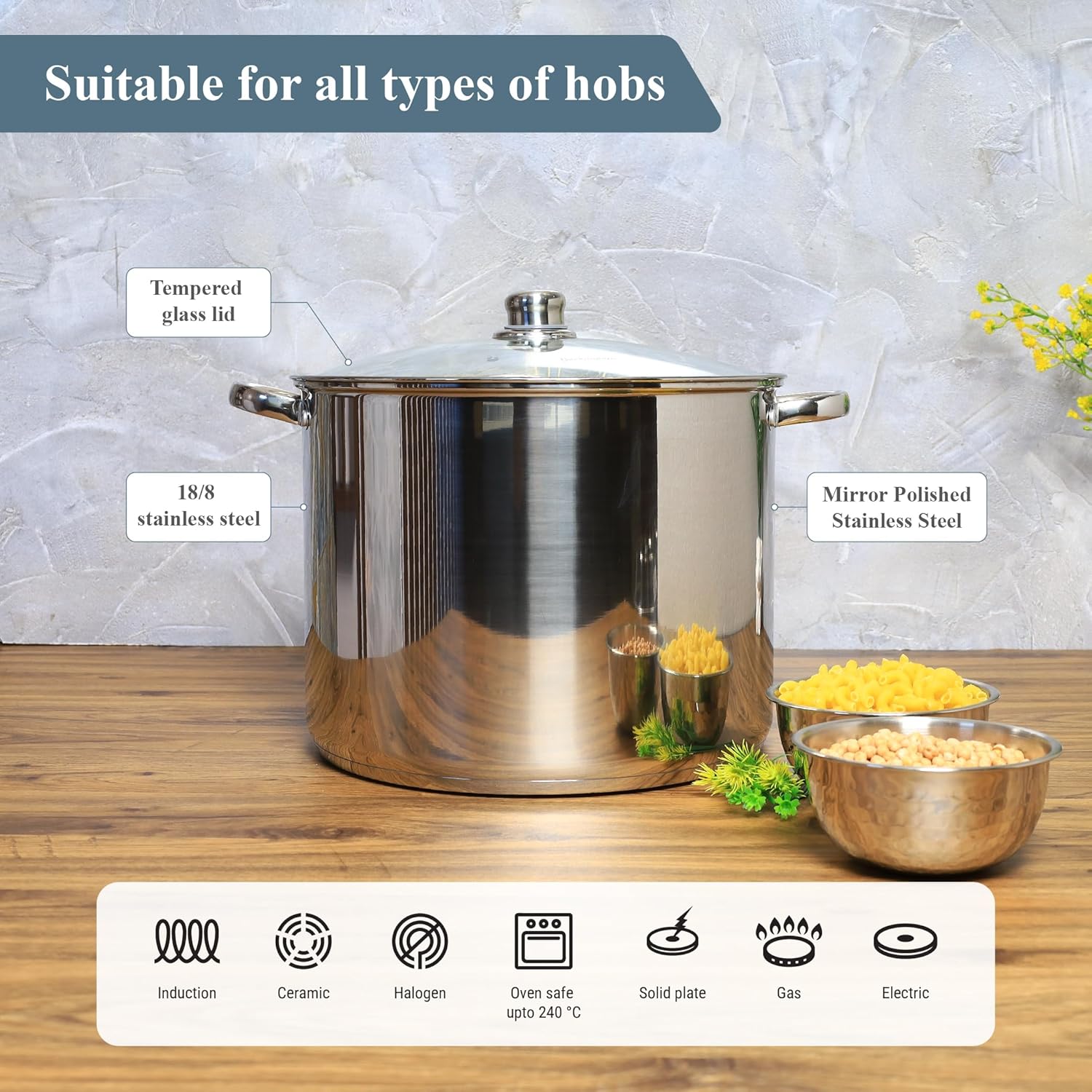 Buckingham Stainless Steel Stock Pot with lid Multipurpose Large Cooking Pot for Soups Stews (11 Litre)