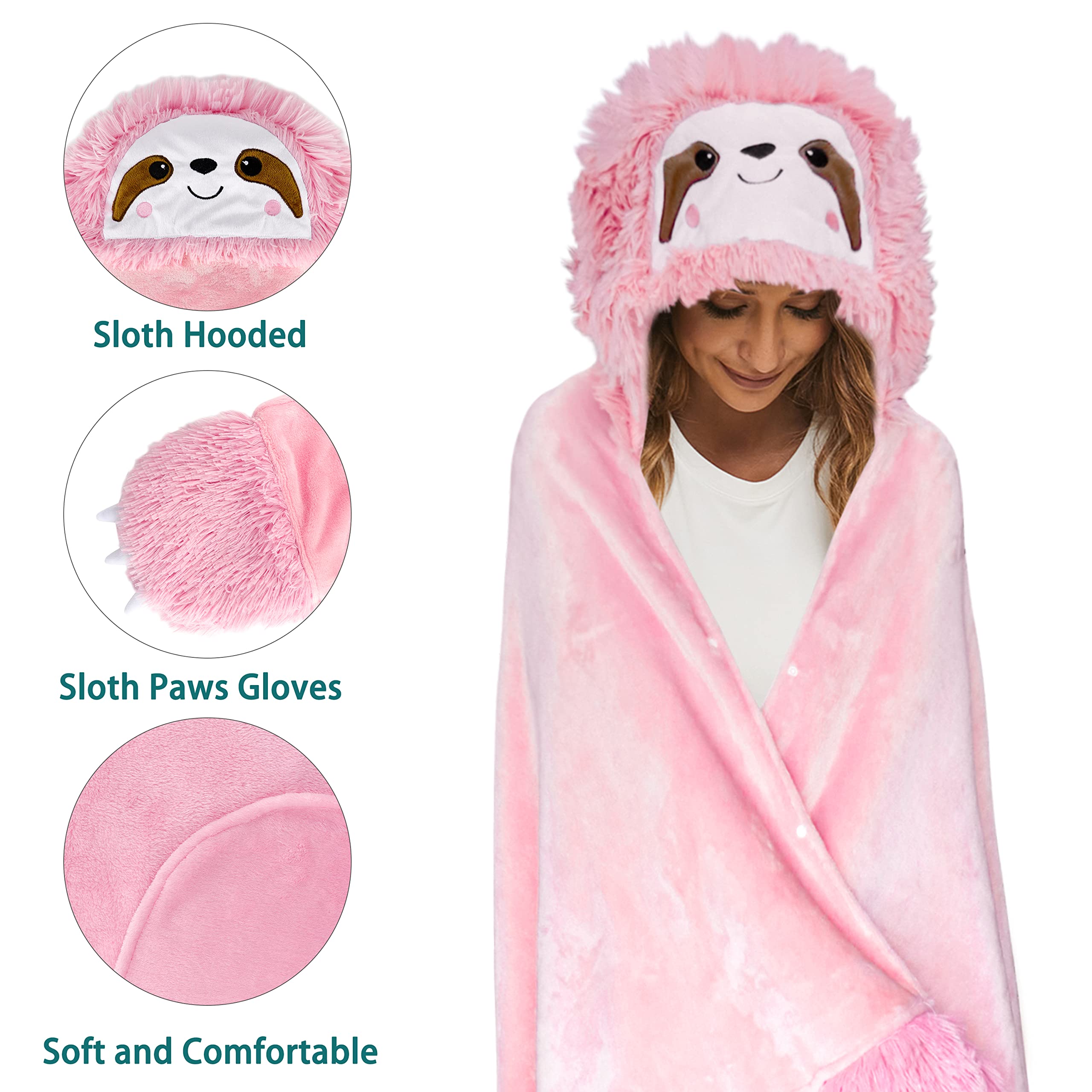 Shoppawhile Sloth Gifts for Women Wearable Hooded Blanket Soft Cute Warm Fluffy Sloth Hooded Blanket 59 * 51 inch