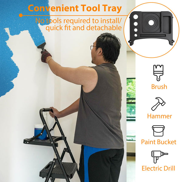 BONTEC 4 Step Ladder Folding, Heavy Duty Foldable Step Stool with Wide Anti-Slip Pedals, Sponge Handrail and Tool Tray, Portable Household Ladder 150kg Capacity, Compact Collapsible Indoor Ladder