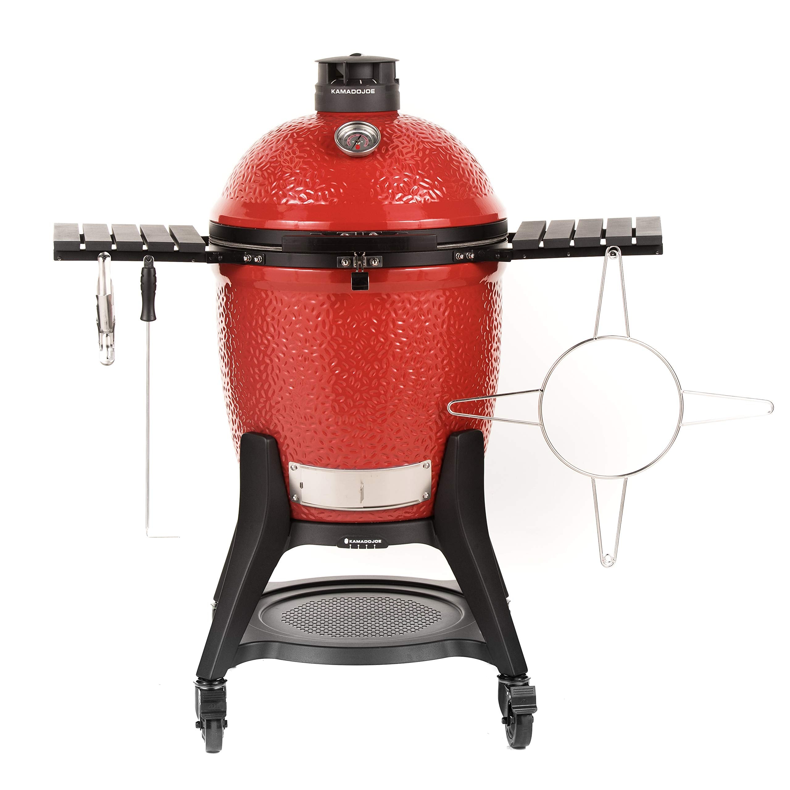 Kamado Joe KJ23RHC Classic II Smoker BBQ, Outdoor Charcoal Barbecue Grill In Red With Cast Iron Cart, Heat Deflectors And Ash Tool