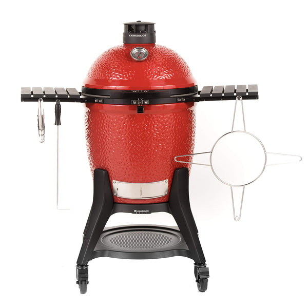 Kamado Joe KJ23RHC Classic II Smoker BBQ, Outdoor Charcoal Barbecue Grill In Red With Cast Iron Cart, Heat Deflectors And Ash Tool