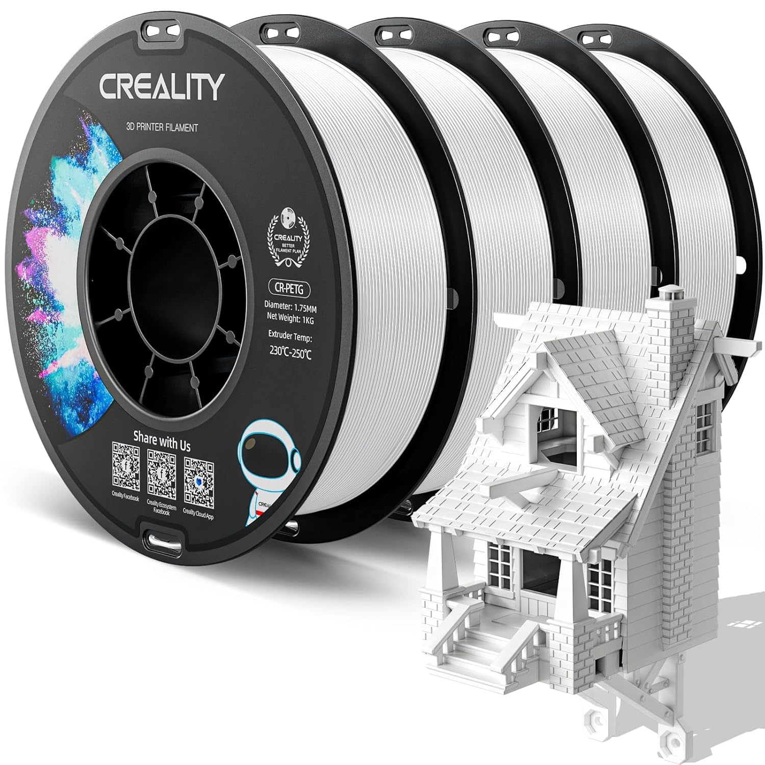 Creality CR-PETG PLA Filament 1.75mm 3D Printing Filament 4 KG, Excellent Toughness High Precision, Odorless Non-Toxic Moistureproof, 1kg(2.2lbs) Glossy for 3D Printer (Black+White+Red+Blue)*1KG