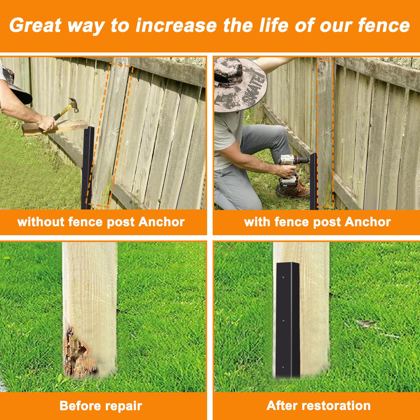 Fence Post Repair Spike - 2 Pack Heavy Duty Fence Post Support Ground Spike for Tilted or Broken Wooden Fence Posts, Durable Garden Fencing Solution