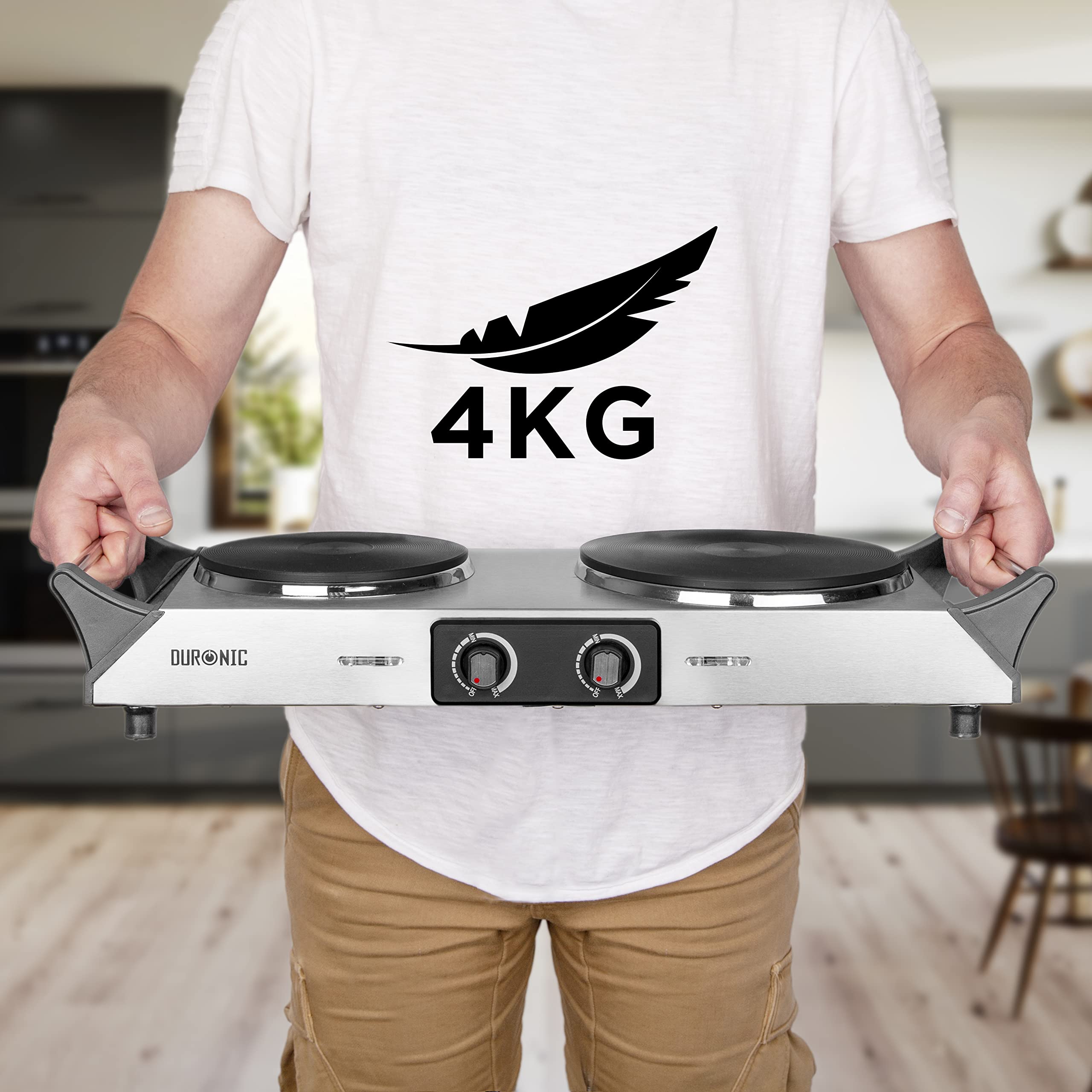 Duronic Hot Plate HP2 SS, Stainless Steel Table Top Cooking, 2500W Black Steel Electric Double Hob with Handles, 2 Cast Iron Portable Hob Burner Rings