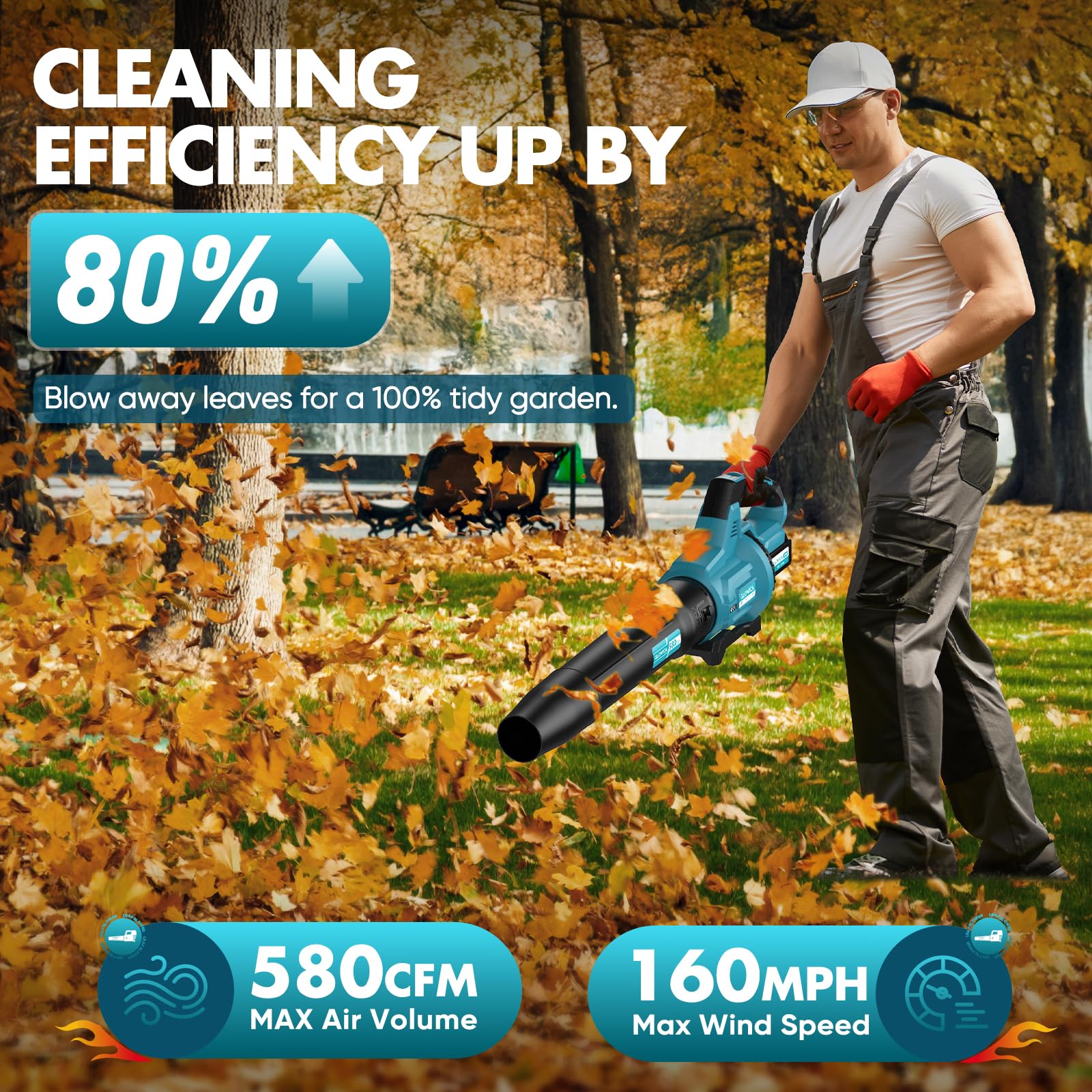 Leaf Blower Cordless, 8000mAh Battery with Fast Charger, Lightweight Electric Garden Blowers with Turbo Boost, 257 km/h & 3 Speed Levels for Lawn Care,Yard,Garage,Leaves,Snow,Dust,and Debris Removal